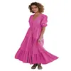 Vestidos Populares Europeus e Americanos Transfronteiriços, Roupas Femininas de Alto Padrão, Vestido Longo de Renda com Botões e Cadarço em V, Vestido Elegante e Sofisticado Estilo Francês
