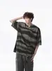 Camiseta de Verano para Hombre de Marca Trendy, Estilo Callejero Guapo para Pareja, Cuello en V Pequeño, Tie-Dye, Desgastada, Manga Corta, Rayas Retro Americanas, Manga Media