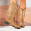 Botas Vaqueras Western Bordado Retro Cruzado para Mujer Punta Fina Tacón Grueso Caña Media Apertura en V Mate Botas de Jinete