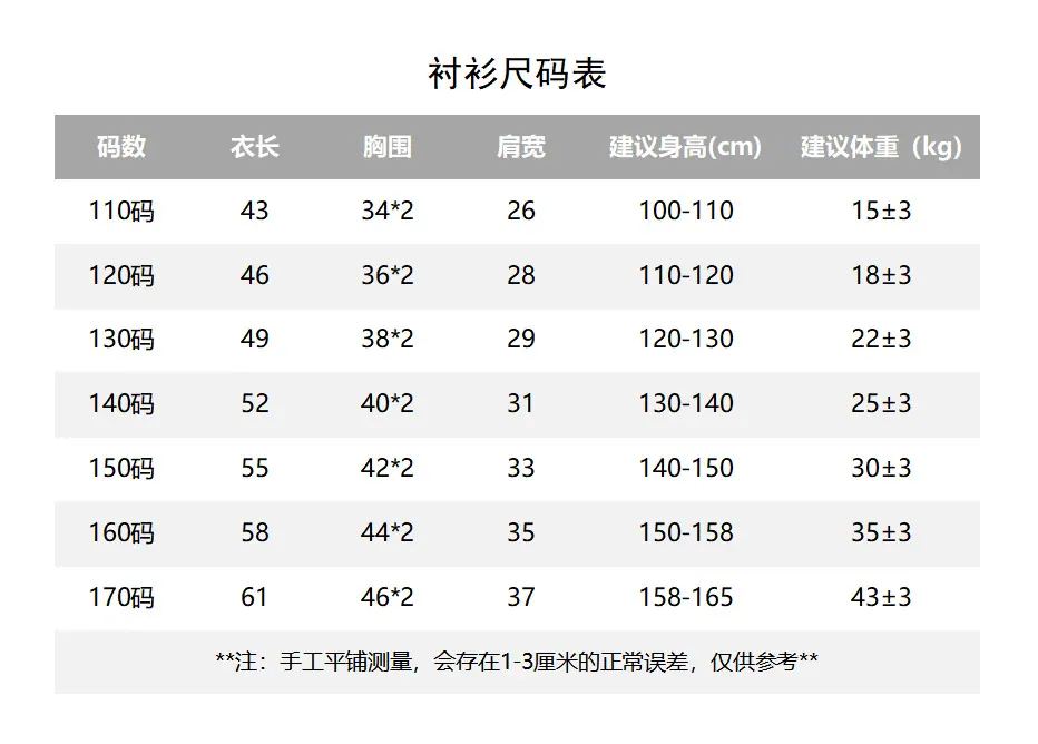 衬衫尺码表
