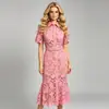 Novo Vestido de Verão de Alta Qualidade com Gola de Camisa Floral Tridimensional Recortada Solúvel em Água, Saia Bodycon Cauda de Peixe de Cintura Alta