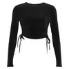 Otoño Transfronterizo Ajustado Elegante Commuter Slim-fit Manga Larga Suéter de Algodón Color Sólido Cuello Redondo Cordón Tridimensional Ropa de Mujer