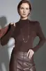Camiseta base de punto de lana para mujer, otoño, cuello medio alto, elástica, corte ajustado, simple, básica, fina, manga larga