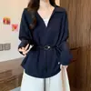 Elegante Camisa de Manga Larga con Cuello, Estilo Dos Piezas Falsas para Mujer, Otoño 2026, Corte Holgado, Top que Ceñe la Cintura Adelgazante A10298