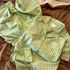 Pijama de Rayas Verdes Talla Grande Estilo Coreano para Mujer Verano 2026 Nuevo Holgado Cómodo Manga Corta Pantalón Corto Conjunto de Ropa para el Hogar