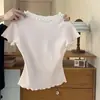 Camiseta de Manga Curta com Laço para Mulheres 2026 Novo Estilo Doce Color Blocking Babado Moda Slim Fit Top