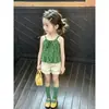 2026 Nuevo Estilo Conjunto de Verano para Niñas Fresco y Refrescante Camisola Verde de Lunares con Encaje Shorts Versátiles Conjunto de Ropa de Verano