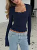 Otoño/Invierno 2026 Comercio Transfronterizo Top Sexy de Manga Larga con Ribete de Encaje Moda que Realza el Busto Otoño/Invierno Cuello en U