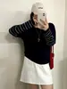 Top de manga larga a rayas con cuello redondo para mujer de talla grande 2026 otoño suelto adelgazante casual suéter de punto para mujeres de talla grande 23683