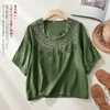 Blusa de linho estilo chinês para mulheres, novo modelo de verão 2026, camisa artística de manga média solta finamente bordada para mulheres