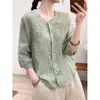 Camisa de Linho de Algodão Bordada Artística Feminina Verão Novo Retro Gola Redonda Manga Média Solta Emagrecedora Top Cardigan Petite