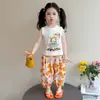 Conjunto de Verano para Niñas con Dibujos Animados y Pedrería sin Mangas Verano 2026 Nuevo Elegante Informal Conjunto de Verano Pantalones Anti-Mosquitos Conjunto de Dos Piezas