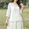 Camisa de algodão e linho bordada estilo vintage com decote em V para mulheres, top pulôver casual solto, blusa modeladora