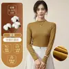 Camisa básica de terciopelo negro de doble cara con cuello medio alto para mujer, otoño e invierno, con interior grueso, cálido, cuello medio, corte entallado y manga larga.