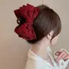 2026 Nuevo Estilo Pinza para el Cabello con Lazo Grande de Terciopelo Rojo, Accesorio para el Cabello para Niñas, Tocado de Princesa Nupcial de Borla de Alta Gama