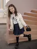 Cardigan de Punto Estilo Preppy para Niñas Traje de Tres Piezas: Camisa, Falda de Manga Larga Suéter Coreano para Niños Ropa de Primavera y Otoño