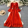 Vestido Elegante Retro con Mangas de Linterna y Cuello en V con Lazo, Estilo Coreano de Primavera para Mujer, Rojo, Ceñido a la Cintura, Adelgazante, Largo