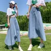 Falda vaquera de cintura alta semi-elástica para mujer, primavera y verano, cubre figura de pera, muslo grueso, comodín, larga, línea A, talla grande.