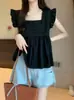 Camisa doce versátil estilo francês com decote quadrado, novo design vintage de verão, top babydoll curto acinturado com mangas bufantes