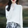 Elegante Suéter de Lã Tricotado Novo para Primavera/Outono 2025 para Mulheres com Acabamento em Renda e Bordas Franzidas, Base de Cor Sólida, Estilo Fino