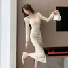 Estilo Socialité Sexy Color Sólido Cuello Barco Manga Larga Ajustado Ceñido en la Cintura Falda Larga Recta Mujer Primavera Otoño Venta al por Mayor Transfronterizo