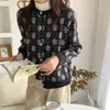 Suéter de punto de cuello redondo con jacquard floral de color de contraste, estilo coreano para otoño e invierno, prenda exterior versátil para mujer, estilo perezoso, cárdigan abrigo de punto