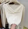 Suéter Cardigan de Tricô Estilo Coreano Doce e Gentil, com Renda e Borda Franzida, Estilo Andy, Branco, Tamanho Único