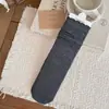 Meias de Algodão Puro Cor Sólida Padrão Escuro Renda Ondulada Meias Femininas de Cano Médio Meias Meilade Absorventes de Suor Versáteis Meias Longas Meias Largas