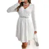 Vestido de Sol de Punto para Mujer, Color Sólido, Ribete de Encaje, Cuello en V, Corte Ajustado, Dobladillo Festoneado