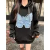 Sudadera con capucha negra de peso pesado estilo americano, diseño de nicho, mariposa bordada para mujer, nueva colección 2026, top popular de corte holgado