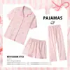 Pijama dulce de rayas coreano ins de manga corta para mujer con lazo, tela arrugada, ropa para el hogar, conjunto de tres piezas, foto real, venta al por mayor