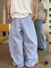 Calça de Seda Gelo Listrada Azul para Homens, Estilo Coreano de Verão, Caimento Relaxado e Solto, Estilo Old Money, Calça Casual Larga Solta