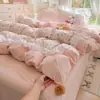 Suave y como una nube, ribeteado con encaje, juego de ropa de cama de cuatro piezas de algodón puro, estilo coreano, adecuado para dormitorios de estudiantes, juego de sábanas de tres piezas