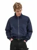 Jaqueta Boxy Retrô Outono/Inverno Patchwork Americano Lavada Desgastada Gola Alta Canelada Jaqueta com Zíper para Homens e Mulheres