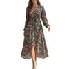 Vestido feminino de outono 2026, moda transfronteiriça europeia e americana, manga lanterna, acinturado, estampado, vestido de temperamento elegante