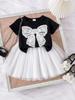 Conjunto de dos piezas de falda y tutú de malla con top de manga corta y lazo para niñas de talla pequeña y mediana de verano de estilo europeo y americano.