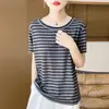 Top de punto de Lyocell a rayas de bloques de color para verano, cuello redondo, manga corta, estilo coreano, top a rayas simple para mujer para usar como capa exterior