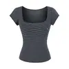 Blusa Casual Slim Fit de Primavera e Verão, Camiseta Básica Slimming de Ombro Normal, Camiseta de Manga Curta Levemente Transparente em Tencel com Gola U Grande para Mulheres