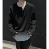 Camiseta de manga larga con cuello Henry de dos piezas falsas para hombre, nueva camiseta de capa base de peso pesado para primavera y otoño 2025, top holgado