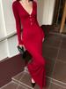 2026 Spring New Style Socialite Style High-Waisted V-Neck Cut-Out Long-Sleeved Knitted Long Dress Solid Color Tight-Fitting A-Line Dress