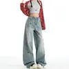 Jeans de perna larga vintage ins bordado com estampa de cachorro para mulheres plus size, projetado para mulheres plus size, calças retas que afinam