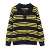 Suéter de Punto a Rayas Retro con Solapa para Mujer, Suéter Holgado de Bloques de Color con Cuello Polo, Fuente Mayorista para Transmisiones en Vivo de Ropa de Otoño e Invierno para Mujer