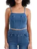 Camisola de Mezclilla Tejida Personalizada para Mujer, Alta Elasticidad, Adelgazante, Moderna, Retro, Top Ajustado de Yoga Fitness