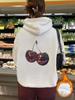 Sudadera Top de Otoño e Invierno de Talla Europea Transfronteriza para Mujer con Estampado de Cerezas, Bolsillo Canguro, Capucha y Manga Larga con Forro Polar