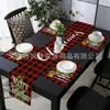 Manteles Individuales y Caminos de Mesa Decorativos Navideños, Juego Completo de Tela de Lino con Patrón Escocés a Cuadros Rojos y Negros para Decoración de Mesa Festiva, En Stock