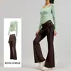 Conjunto de Duas Peças com Top Amassado e Calça Pantalona Flare, Falso Conjunto de Duas Peças Cintura Alta Levanta Bumbum Ombro Vazado Manga Longa Traje Esportivo de Yoga