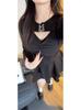Talla grande chica gordita Top de encaje con puntada en el borde Deseo Puro Traje de Vestido de Huesos de Pescado con Lazo de Manga Larga para Mujer Primavera y Otoño