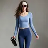 Conjunto de Fitness e Yoga para Primavera e Outono para Mulheres, Top Cropped de Manga Longa com Gola Quadrada, Calça de Yoga Modeladora de Cintura Alta, Conjunto de Roupa Esportiva Emagrecedora