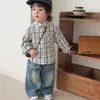 Conjunto de Camisa de Otoño para Niños, Moda Coreana Camisa a Cuadros para Bebés, Pantalones de Mezclilla Versátiles y Modernos para Primavera y Otoño