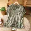 Camisa de algodón, camisa estampada, top pullover elegante de manga corta